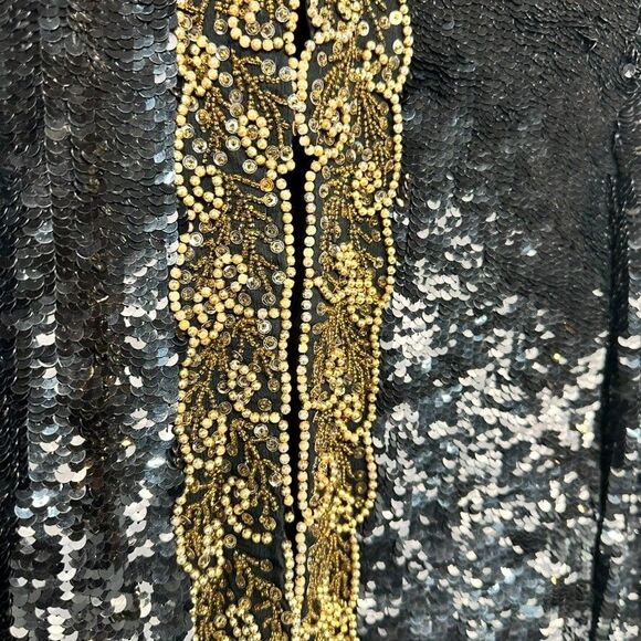 Vintage Swee Lo Sequin Beaded Jacket Black Gold 80s Shoulder Pads Women's Medium - Picture 2 of 5